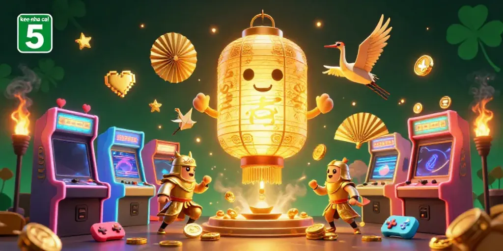 Engage with keo nha cai 5's vibrant 3D illustration showcasing golden lantern spirit and dynamic gaming elements.