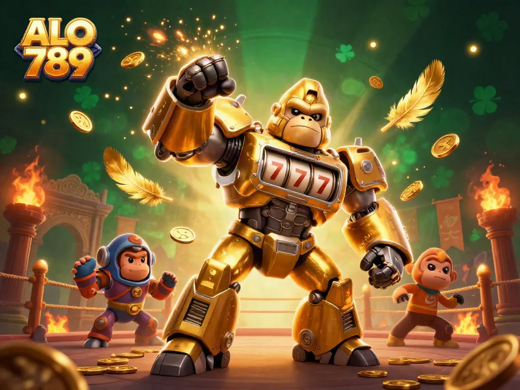 Experience the excitement of ALO 789 with a dynamic 3D illustration showcasing a golden gorilla mech and features of a thrilling casino.