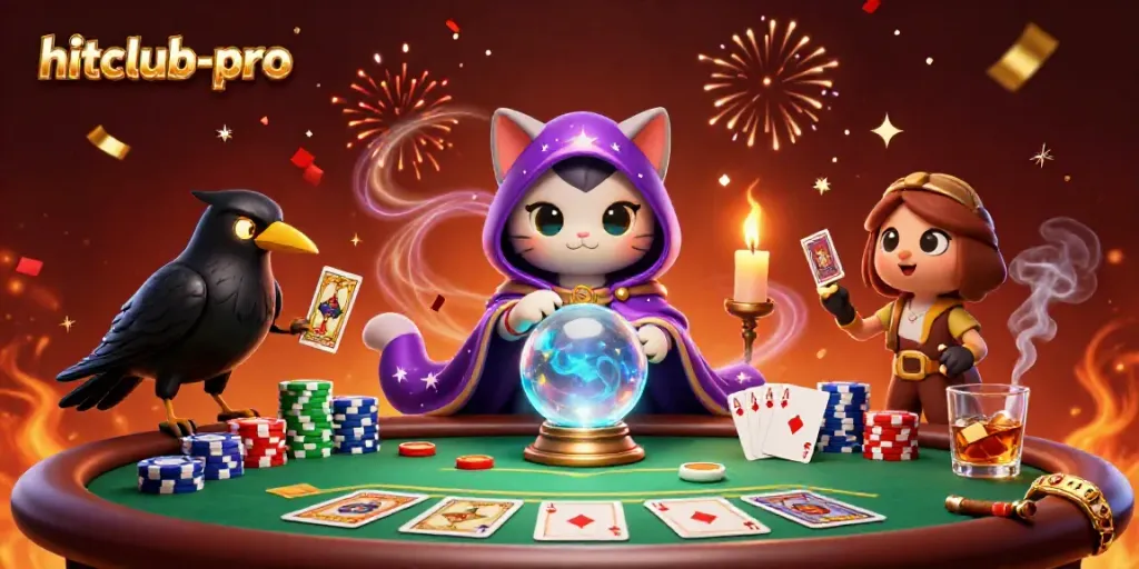 Experience the enchanting world of hitclub-pro with a cartoon mystic cat and raven in an animated casino scene.