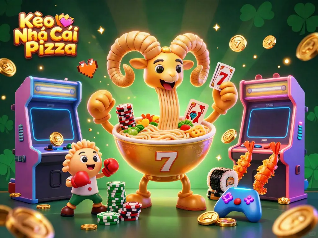 Kèo Nhà Cái Pizza features a vibrant 3D scene of a golden ramen bowl character dealing cards amidst a lively casino atmosphere.