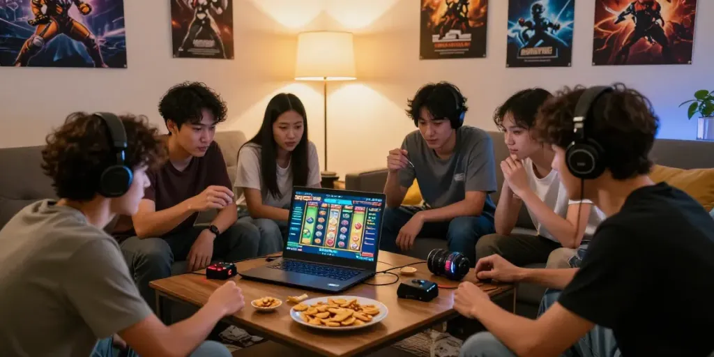 Pemain bersenang-senang memainkan permainan pecah25 slot di ruang tamu nyaman yang hangat.
