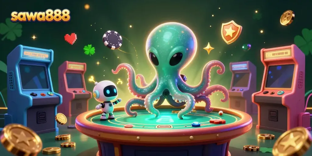 Experience thrilling gameplay with sawa888’s space octopus at a vibrant holographic poker table full of excitement.