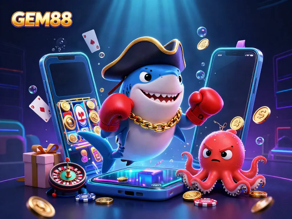 Engaging GEM88 themed illustration showcasing a pirate shark, angry pufferfish, and octopus in a vibrant casino environment.