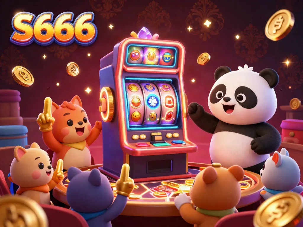 S666 showcases players engaging with vibrant slot machines and a friendly dealer panda, surrounded by cheering spectators.