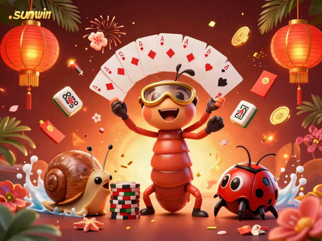 Experience the excitement of sunwin with a vibrant 3D casino scene featuring unique character dynamics and festive game elements.