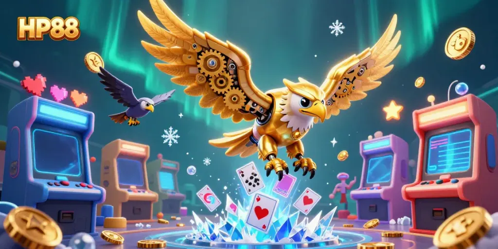 Experience thrilling gameplay with HP88 through a dazzling casino-themed illustration featuring a golden eagle.