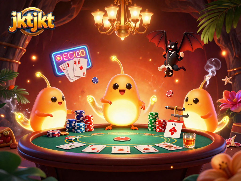 Menggunakan jktjkt, glowworms menyinari kasino gua sambil mengatur meja poker yang dipenuhi chip dan kartu.