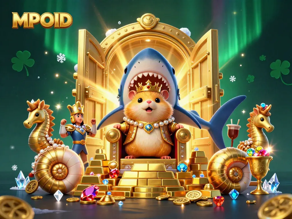 MPOID showcases a fierce golden hamster king on a throne of megalodon teeth within a treasure-filled casino scene.