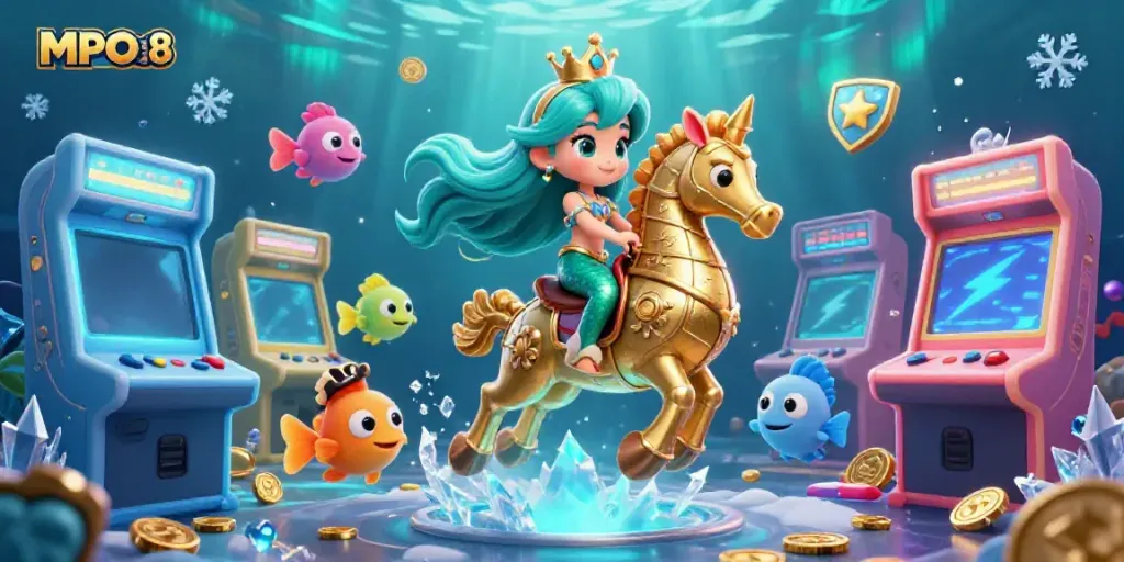 Engage with the MPO08 fantasy world, showcasing a mermaid princess, giant seahorse, and arcade games in a vibrant underwater scene.