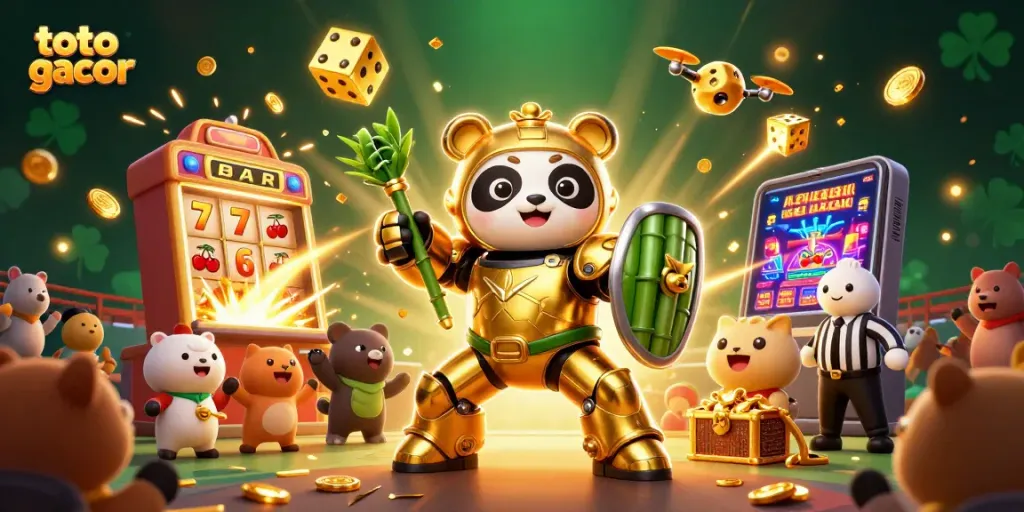 Experience gaming excitement with toto gacor as a golden panda and a bamboo robot battle in a lively casino arena.