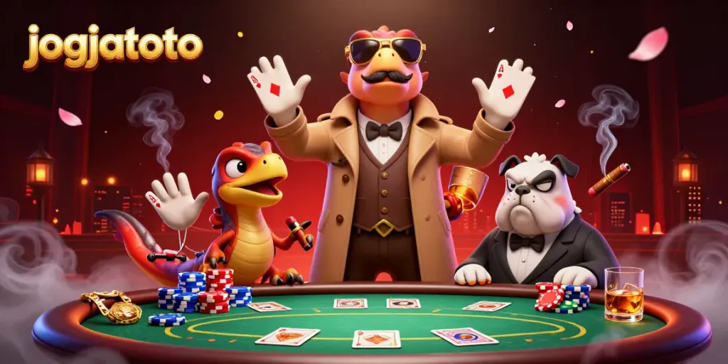 Join jogjatoto's exclusive casino lounge with raptors in disguise and colorful poker chips!