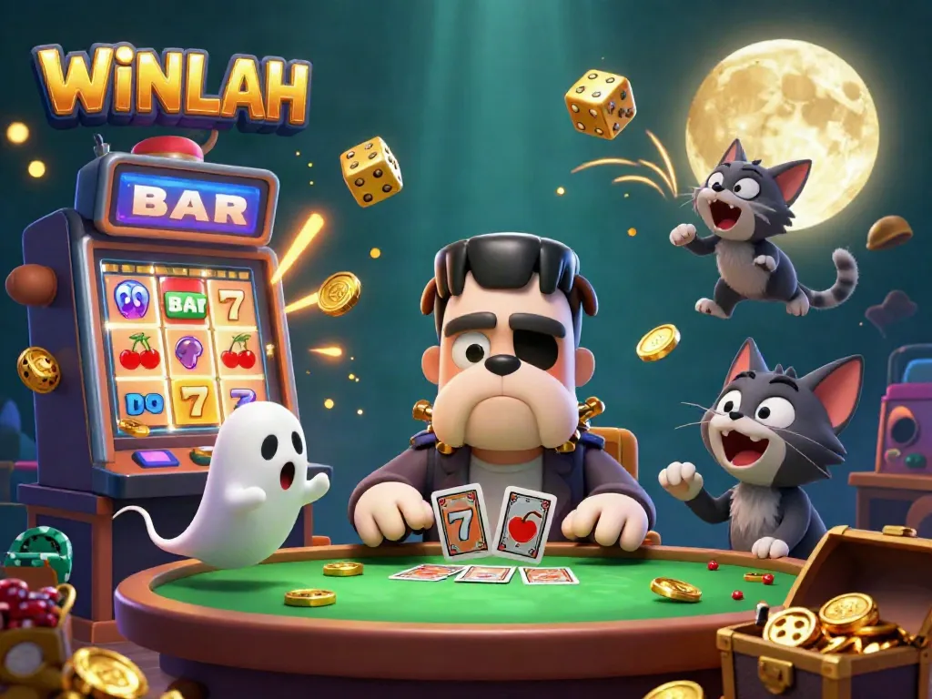 Winlah celebrates big wins at a haunted casino table with vibrant creatures and brilliant jackpots.