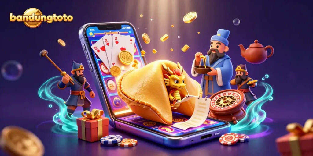 Experience gaming excitement with Bandungtoto's captivating scene showcasing a gold fortune cookie, wise dragon, and slot elements.