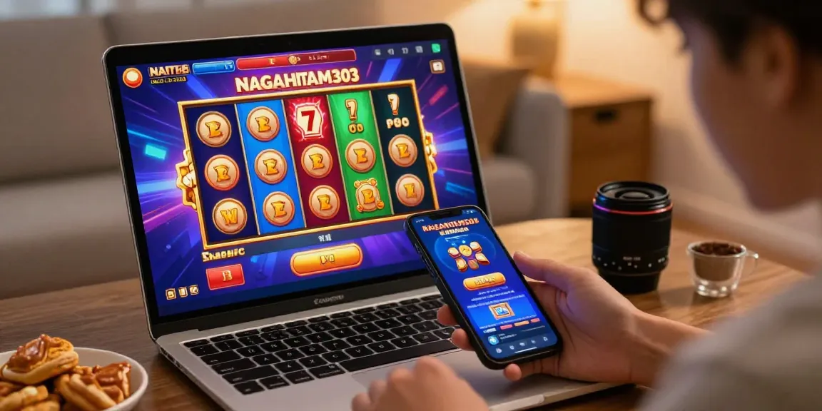 Pengguna di Nagahitam303 daftar sedang bermain slot online di ponsel dengan suasana nyaman.