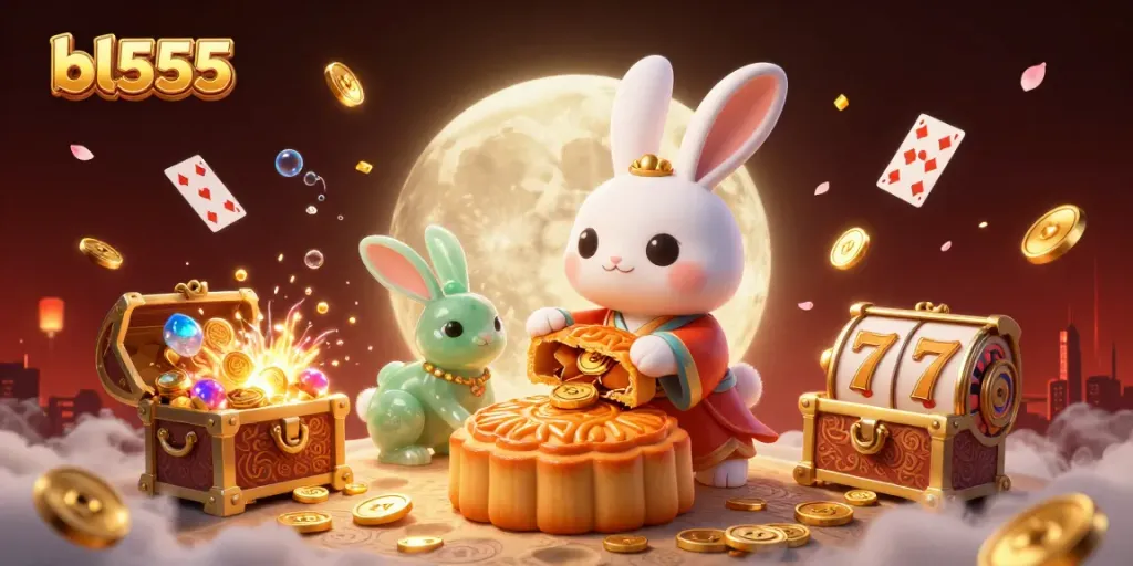 Experience engaging gameplay at bl555 with a dynamic 3D casino illustration featuring lucky moons and explosive winnings.