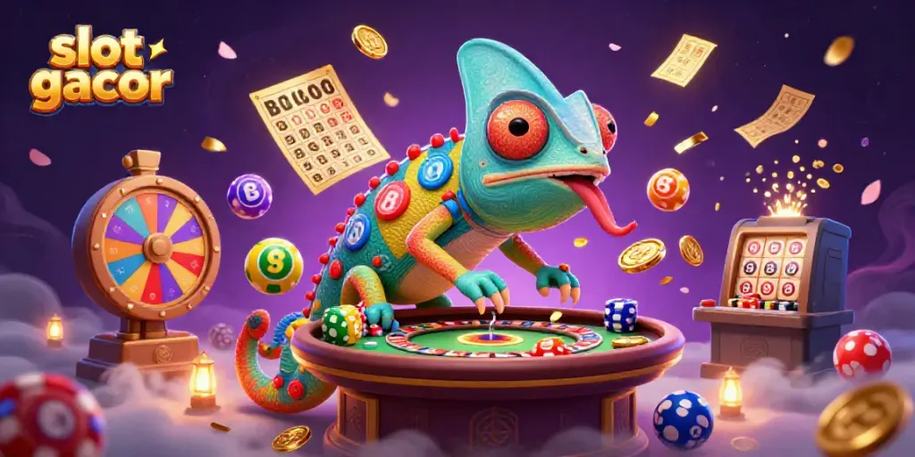 Gambaran slot gacor dengan chameleon kasino besar dan elemen permainan yang dinamis.