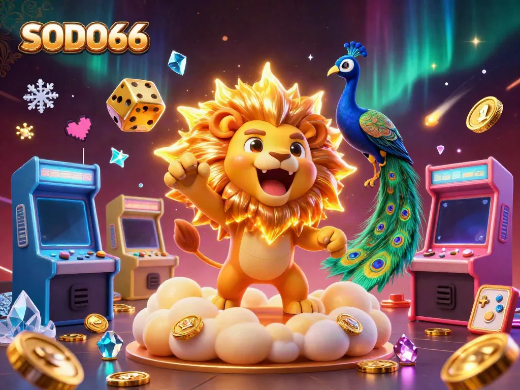 Experience excitement with SODO66 as a roaring lion and golden dice create a vibrant gaming atmosphere.