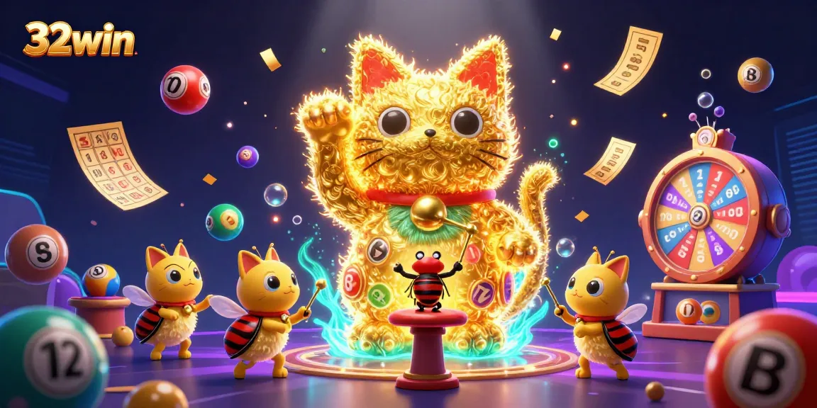 Place your bets on 32win's exciting casino rewards featuring a dynamic lucky cat and lottery elements.