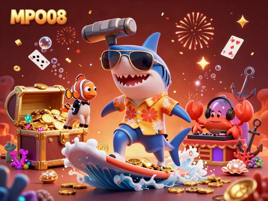 Engage with MPO08 to win big as a shark surfs on gold coins amidst vibrant casino elements.