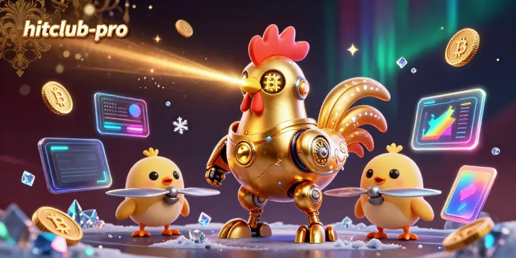 Experience the excitement of hitclub-pro with a golden rooster robot and crypto elements.