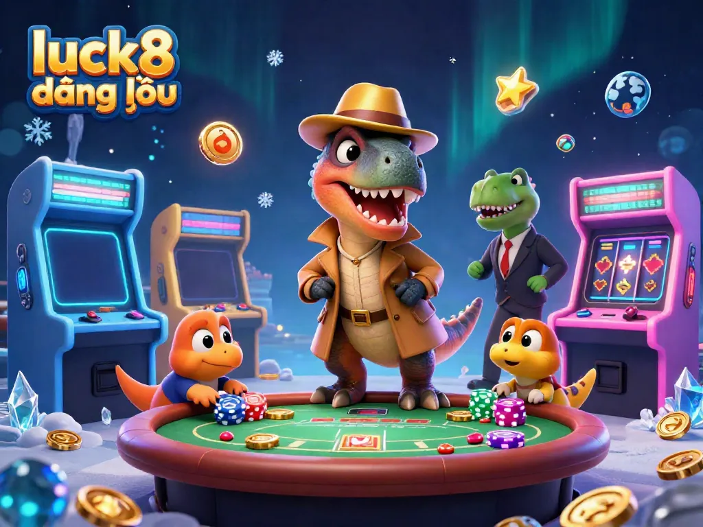 Experience the thrill of luck8 đăng nhập at a vibrant casino scene with intermingling cartoon dinosaurs.