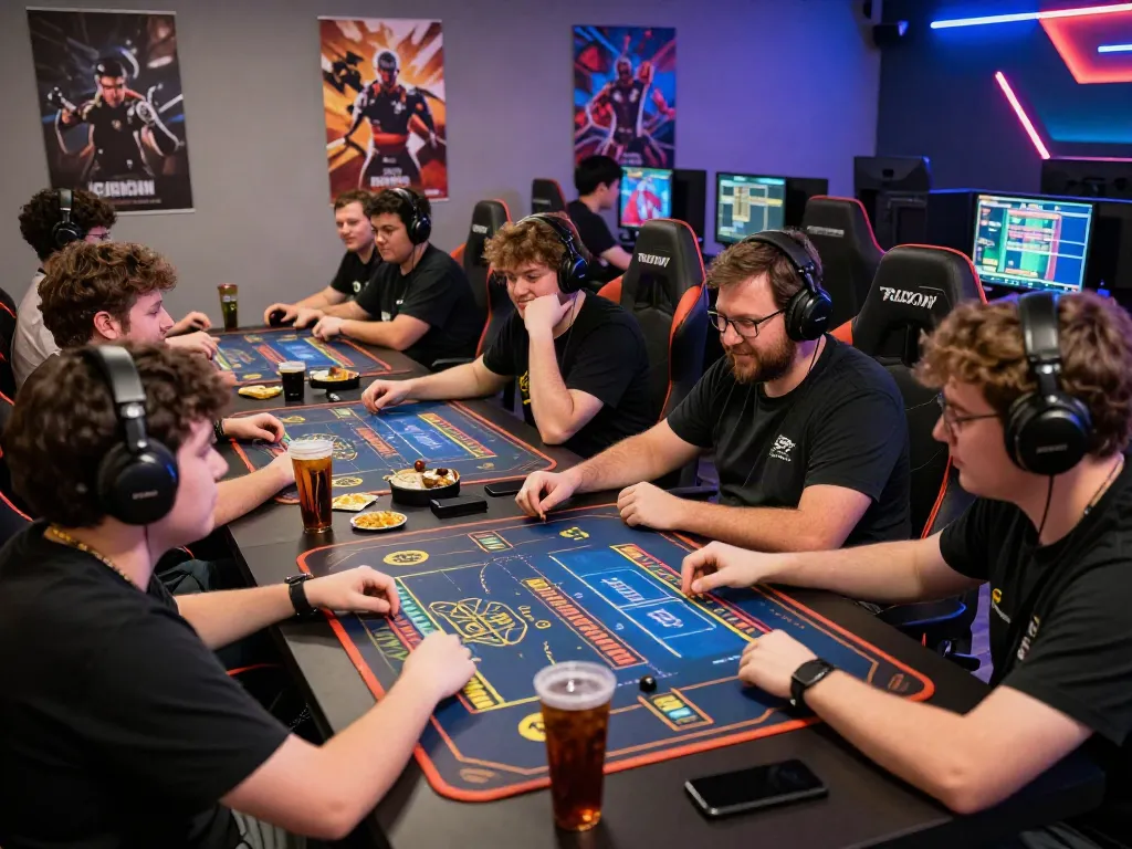 Gamers enjoying Togel at a vibrant gaming lounge with digital interfaces and enthusiastic expressions