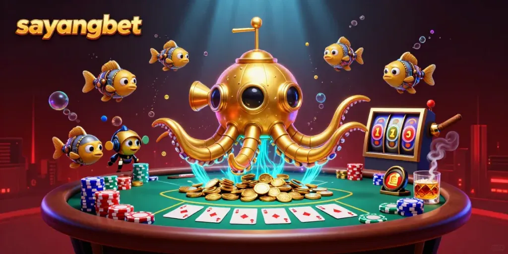 Experience the thrill of sayangbet with a dynamic portrayal of golden kraken submarine surrounded by poker elements.