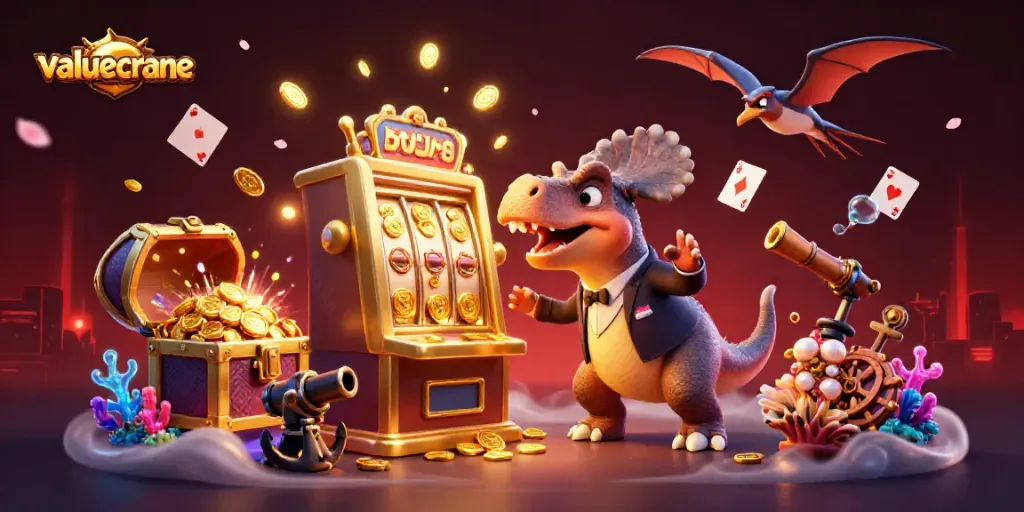Mesin slot jackpot dari valuecrane yang menghasilkan koin emas dengan karakter dinosaurus melakukan aksi yang menggiurkan.