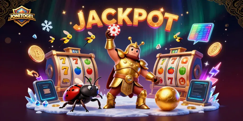 Experience the thrilling atmosphere of JONITOGEL with a 3D cartoon hercules beetle celebrating a big jackpot win.