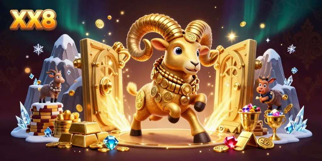 Experience the excitement of XX8 with a golden ram charging through riches in a vibrant casino scene.
