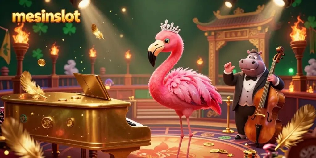 Experience mesinslot's vibrant casino ambiance with a flamingo singer and hippo bassist amidst dynamic gaming elements.