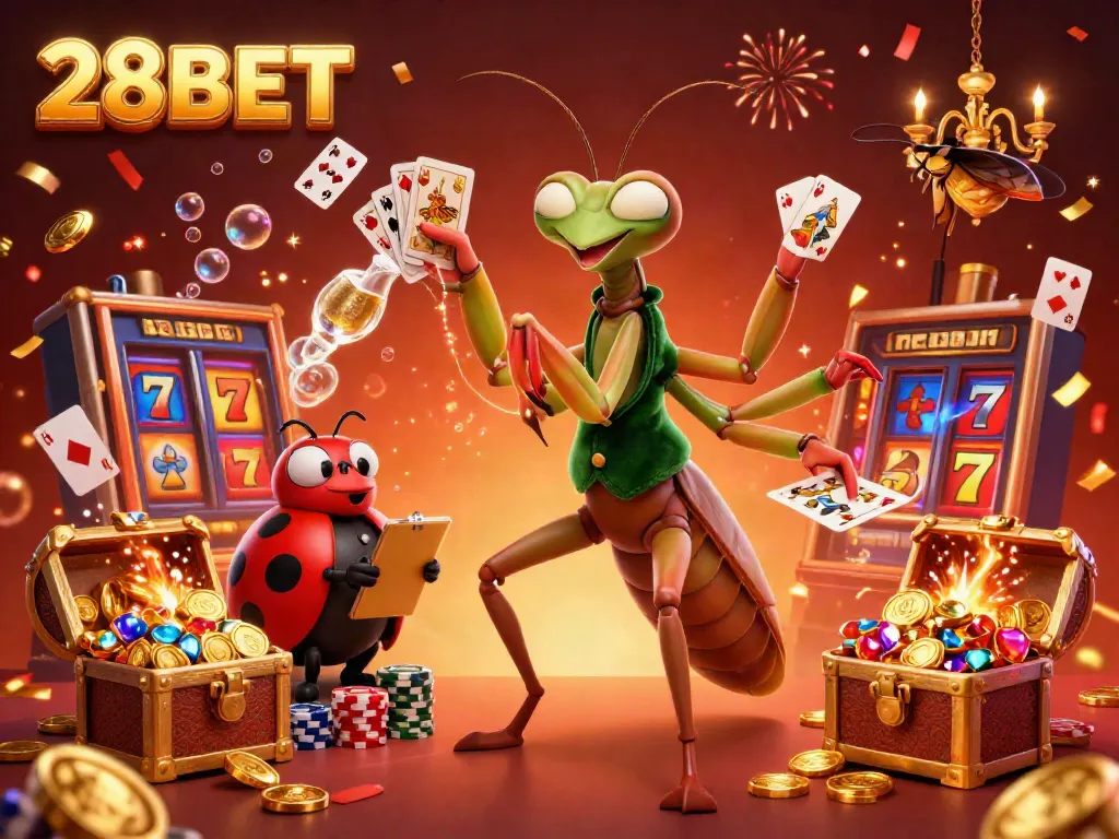 Engage in excitement at 28BET with a vibrant casino scene overflowing with energy, gold coins, and games.