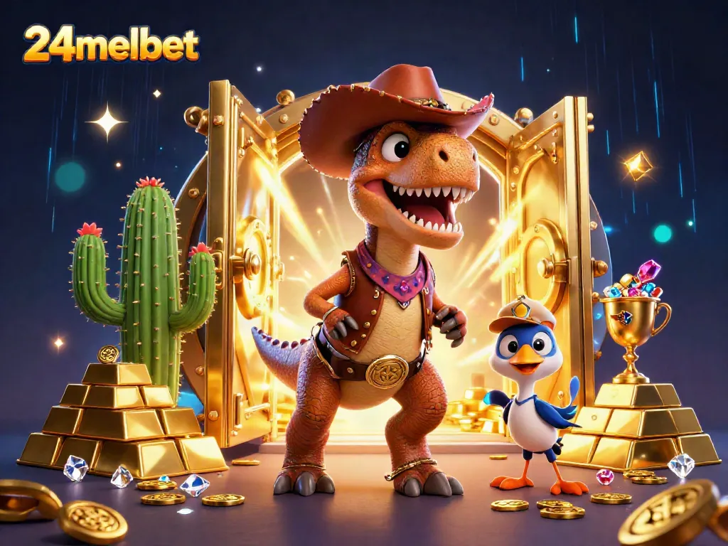 Engage with 24melbet through a thrilling scene featuring a cowboy dinosaur discovering treasures.