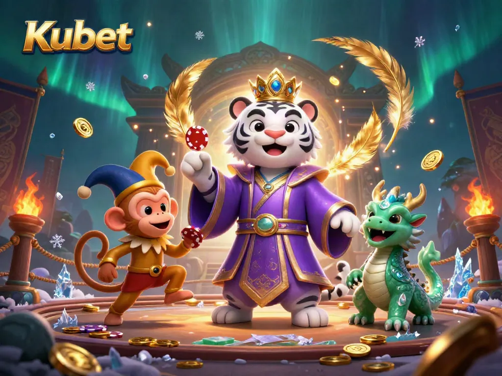 Kubet offers thrilling experiences in a vibrant casino setting featuring a regal tiger, jester monkey, and jade dragon.