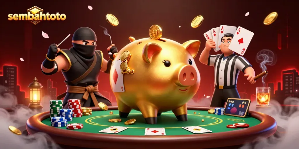 Sembahtoto showcases vibrant gaming action with characters interacting at a colorful poker table.