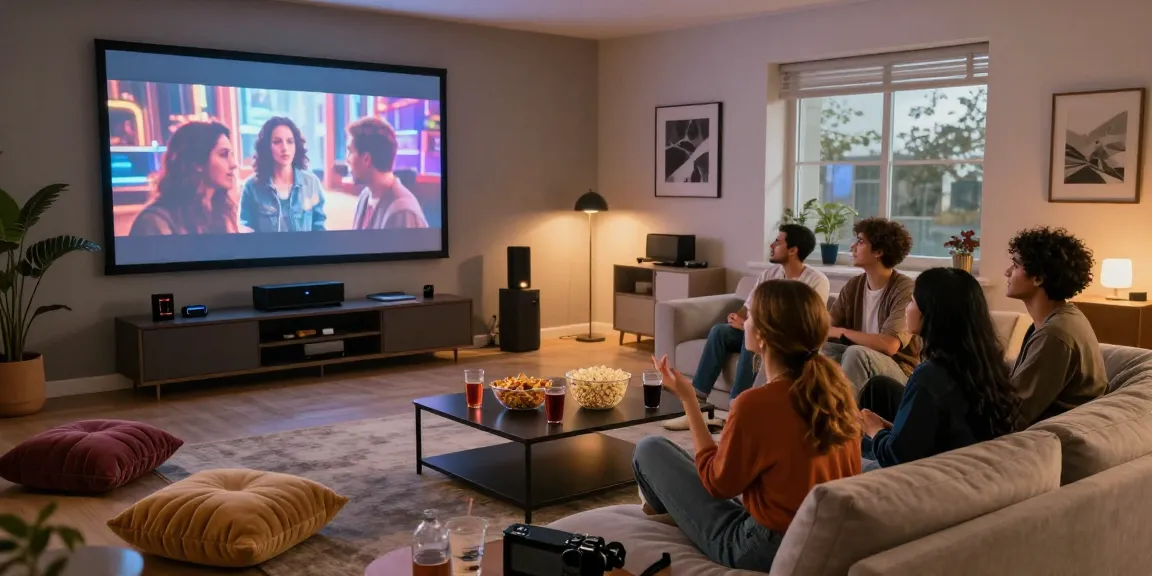 Group enjoying bokep indonesia gratis film night in cozy living room