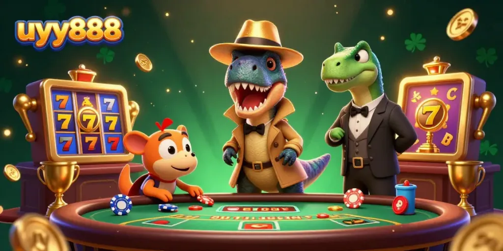 Experience thrilling gameplay at uyy888 with a cartoon velociraptor card counter at a slot machine.