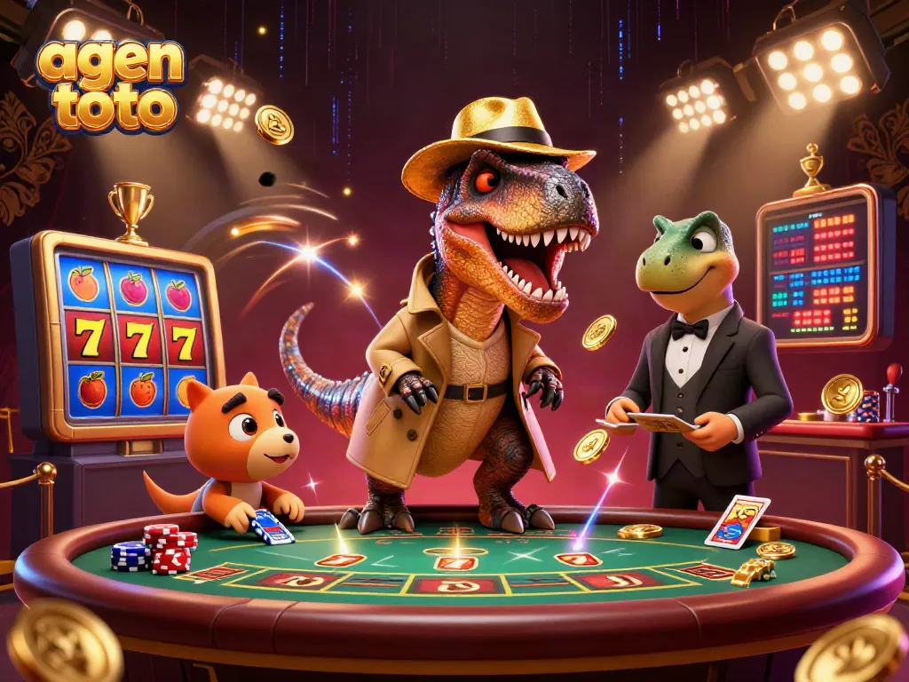 Gambarlah agen toto yang menggoda dengan velociraptor mencuri perhatian di meja blackjack.