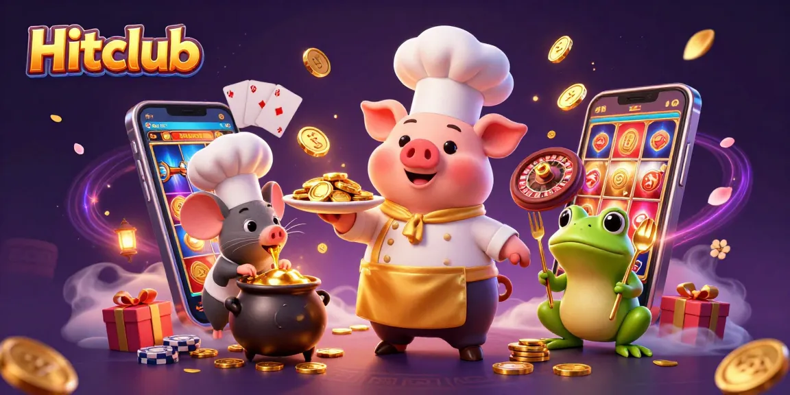 Hitclub enhances gameplay with a 3D cartoon chef pig serving gold coins amidst vibrant casino elements.