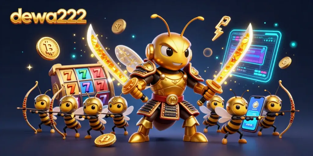 Experience thrilling wins with DEWA222's engaging slot games and crypto elements in this vibrant 3D illustration.