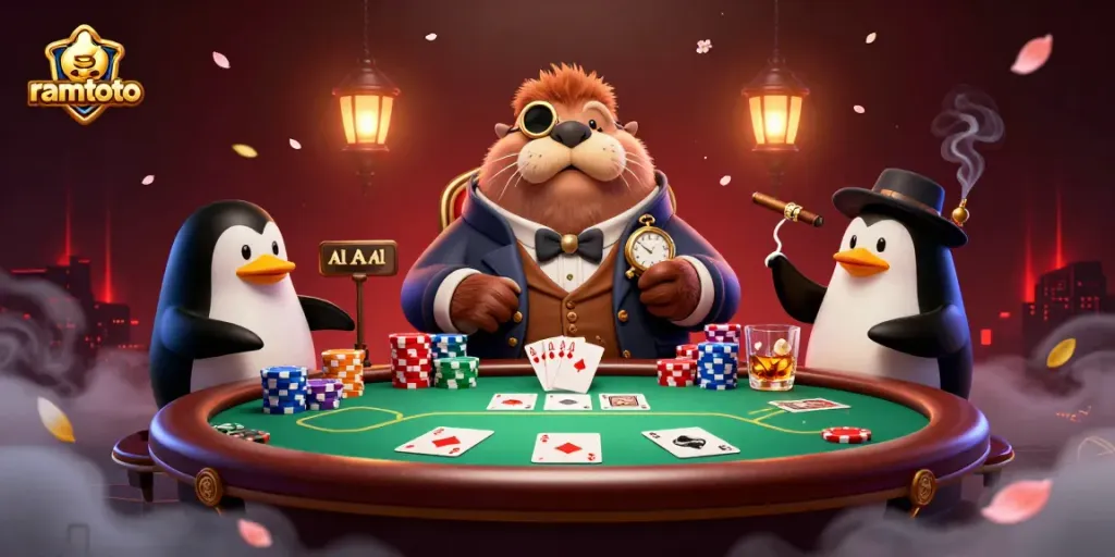 Kartu poker yang menegangkan dengan ramtoto dalam duel di meja bawah laut.