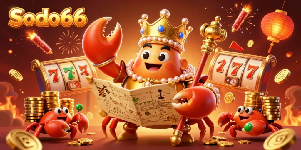 Experience the thrill of gambling at Sodo66 with a vibrant scene featuring a golden crab emperor and dynamic game elements.