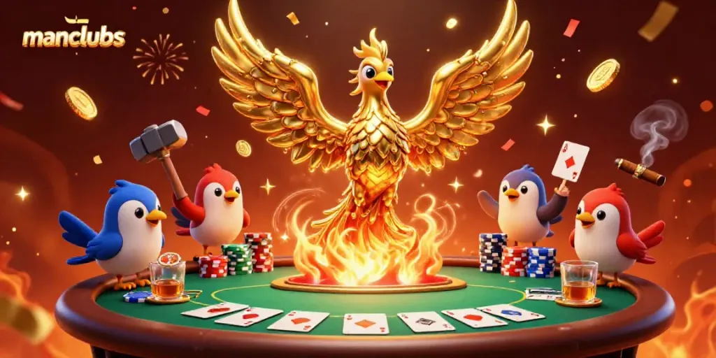 Engage with manclubs gaming aura featuring a molten gold phoenix and rich poker scene.