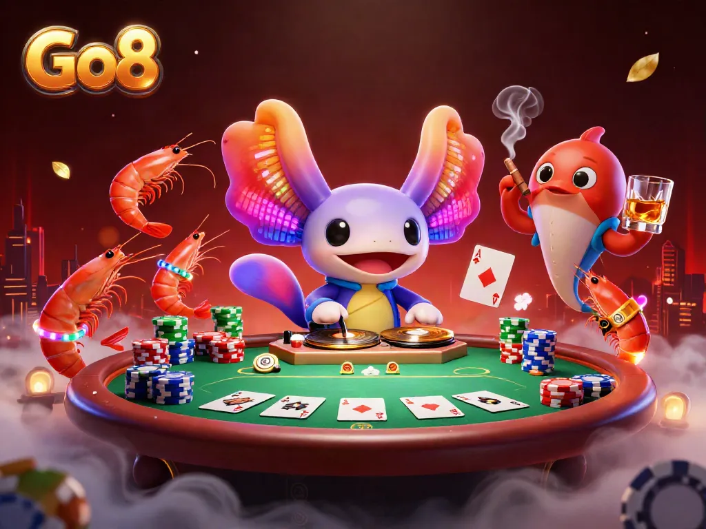 Experience thrilling Go8 action with vibrant neon characters and a poker scene in a lively digital illustration.