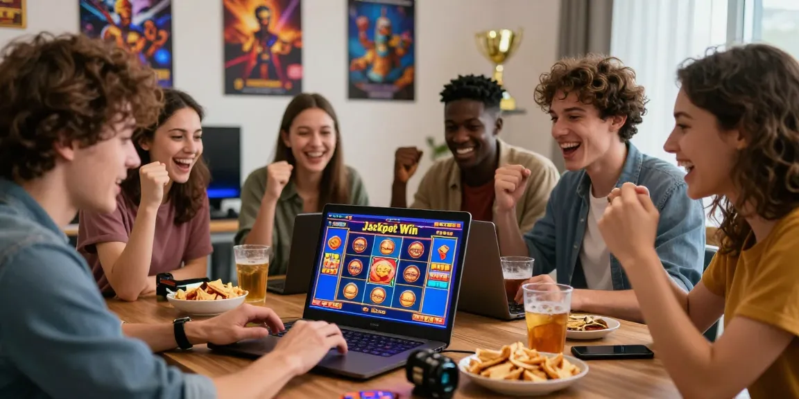 Suasana bermain slot depo 10k secara online dengan teman-teman yang sedang bersenang-senang di sekitar laptop yang menampilkan permainan slot berwarna-warni.