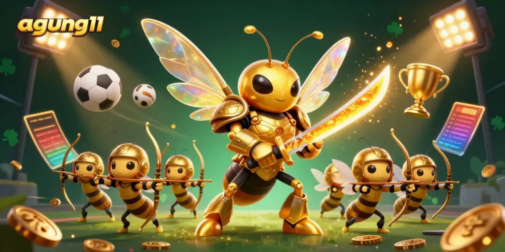 Engage with agung11 through a vibrant scene featuring a golden hornet warrior and sports elements in action.