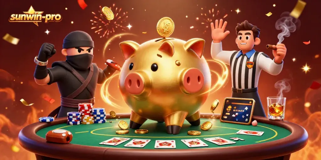 sunwin-pro’s dynamic gaming scene with gold piggy bank, wallet ninja, and poker elements