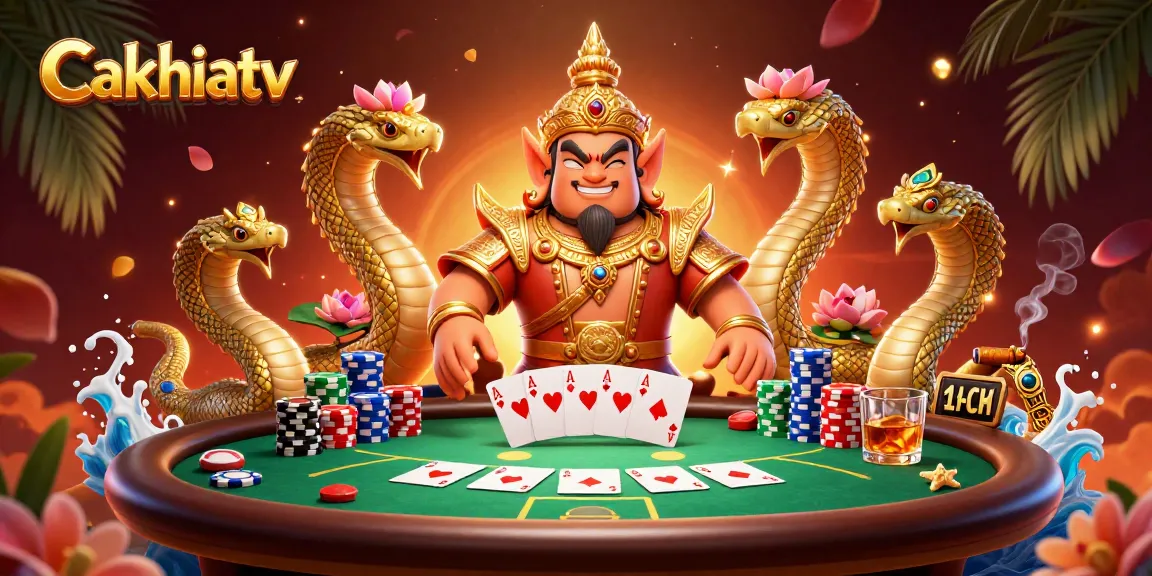 Cakhiatv showcases vibrant gambling energy with an interactive poker scene featuring whimsical characters and dynamic game elements.