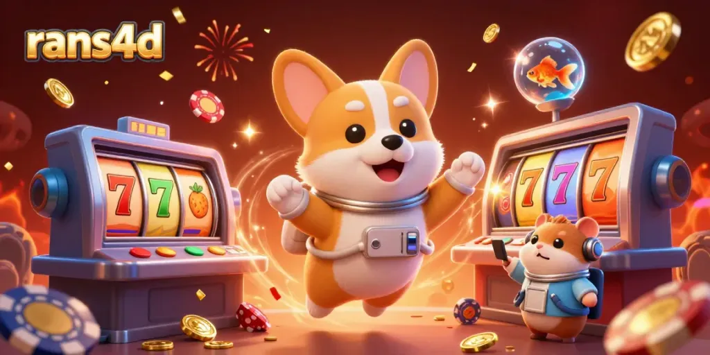 Gambarkan RANS4D dengan slot yang berputar, astronot corgi, dan hamster pengontrol misi di kasino luar angkasa
