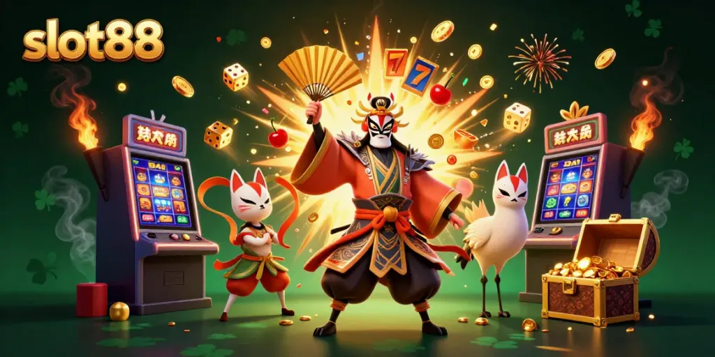 Engage with slot88 through a vibrant casino scene featuring kabuki warrior characters and explosive jackpots.